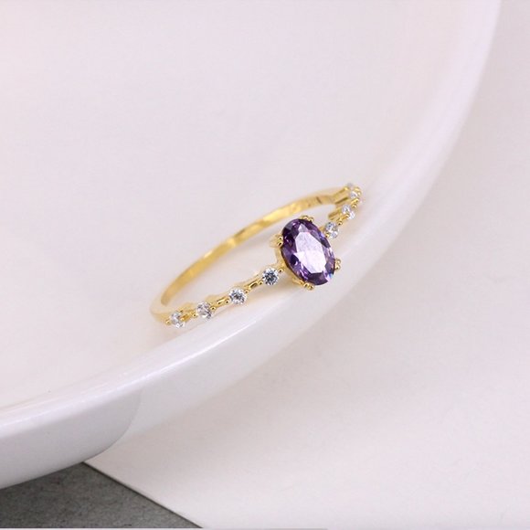 Sterling Silver Purple Oval Crystal Gold Ring - Picture 3 of 7